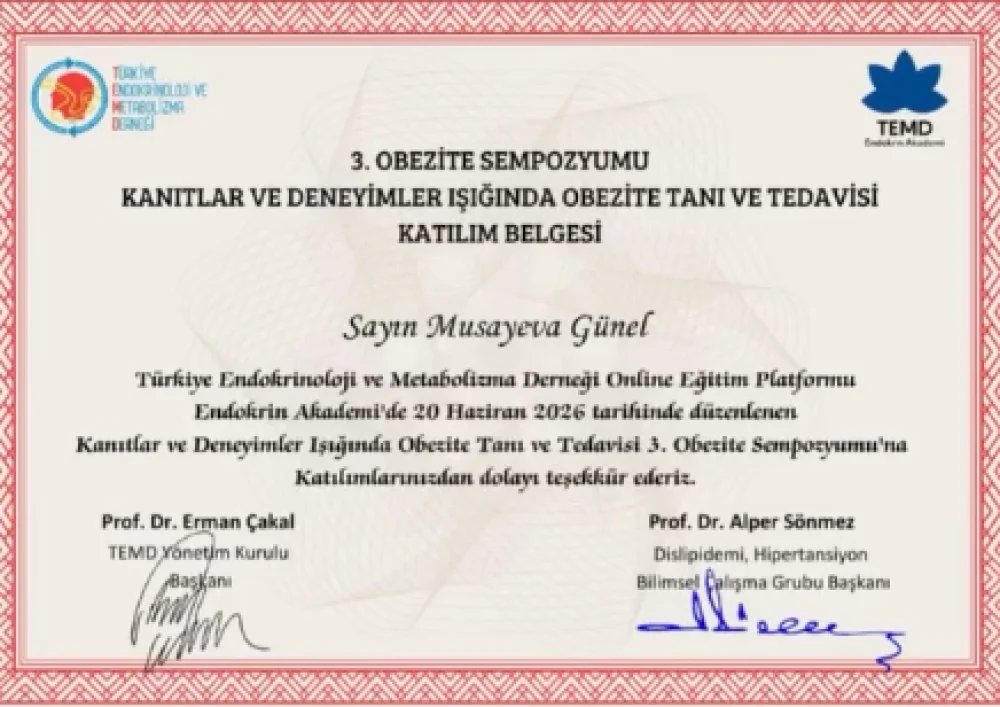 TEMD 3. Obezite Sempozyumu iştirak sertifikatı — Musayeva Günel
